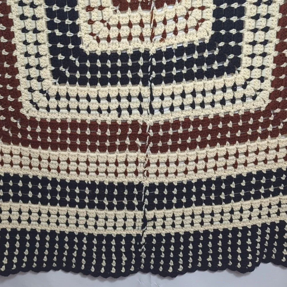 Vintage Handmade Crochet Afghan Granny Square Blanket in Black Cream Brown Cozy‎